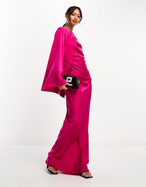 ASOS DESIGN long sleeve ruched satin maxi dress in bright pink