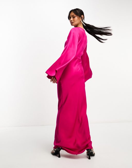 ASOS DESIGN long sleeve ruched satin maxi dress in bright pink