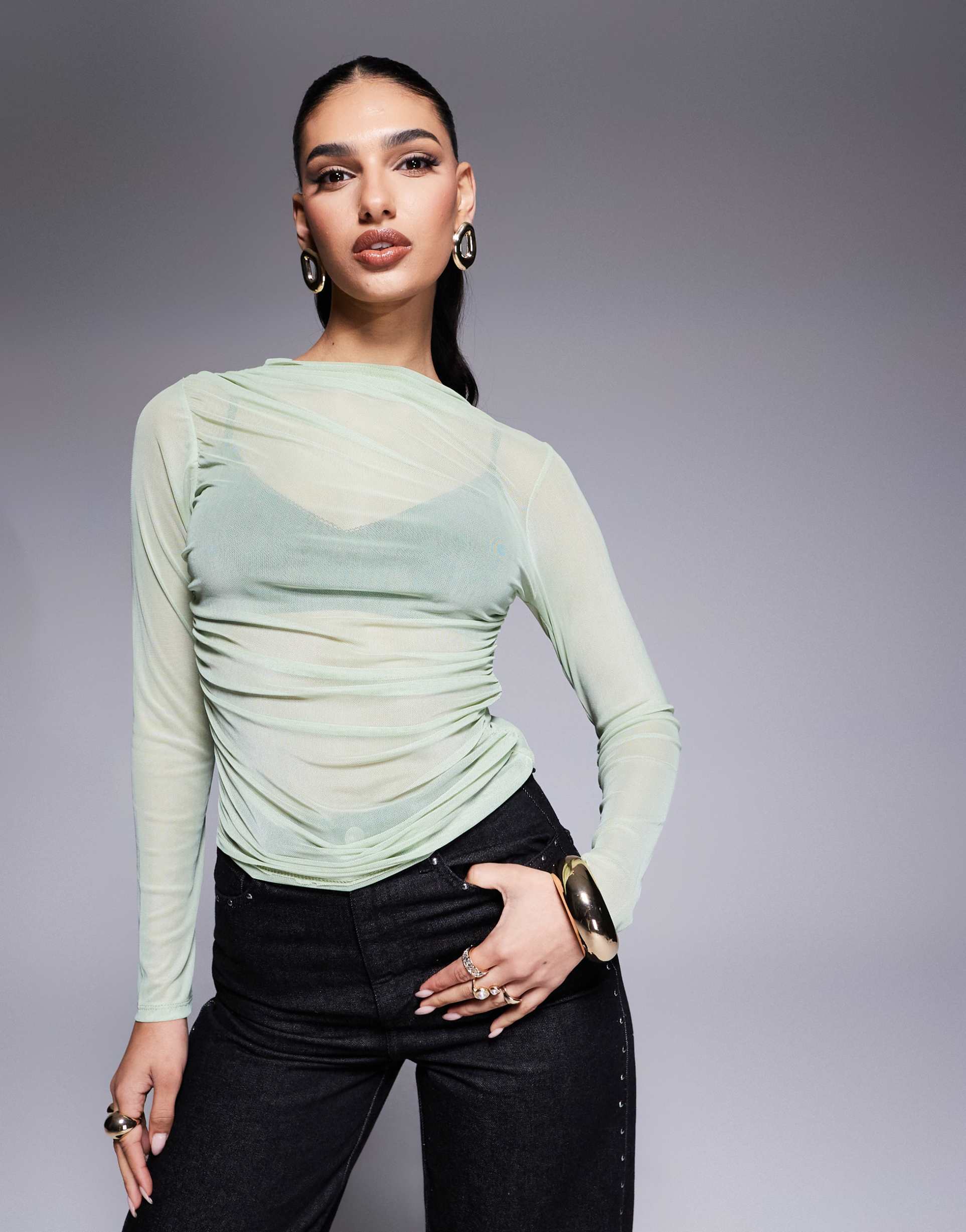 asos design long sleeve ruched side mesh top in sage