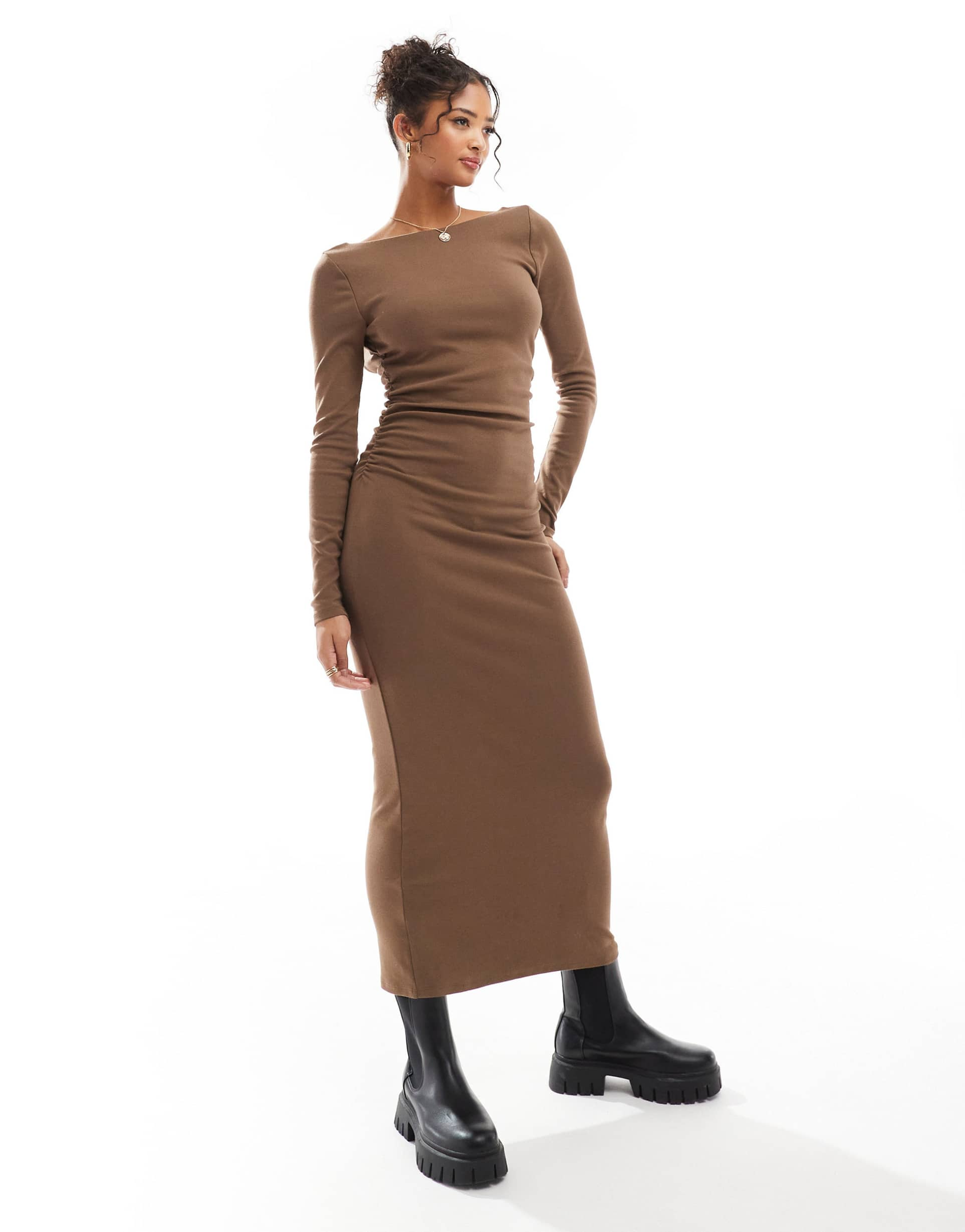 asos design long sleeve ruched side midi dress in brown