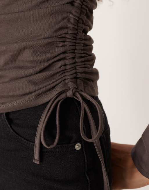 ASOS DESIGN long sleeve ruched tie side T-shirt in chocolate