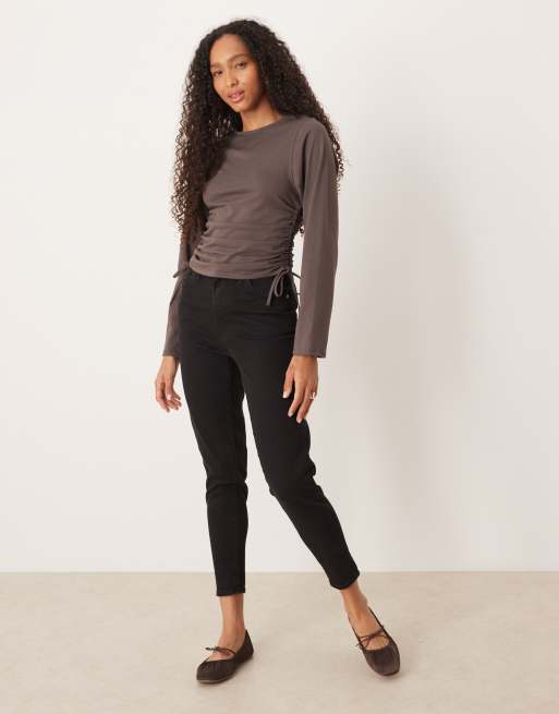 ASOS DESIGN long sleeve ruched tie side T-shirt in chocolate