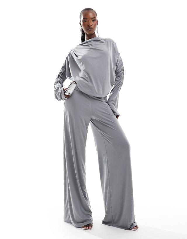 ASOS DESIGN - long sleeve ruched wide leg jumpsuit in grey