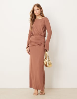 ASOS DESIGN long sleeve ruched wrap waist maxi dress in light brown-No colour