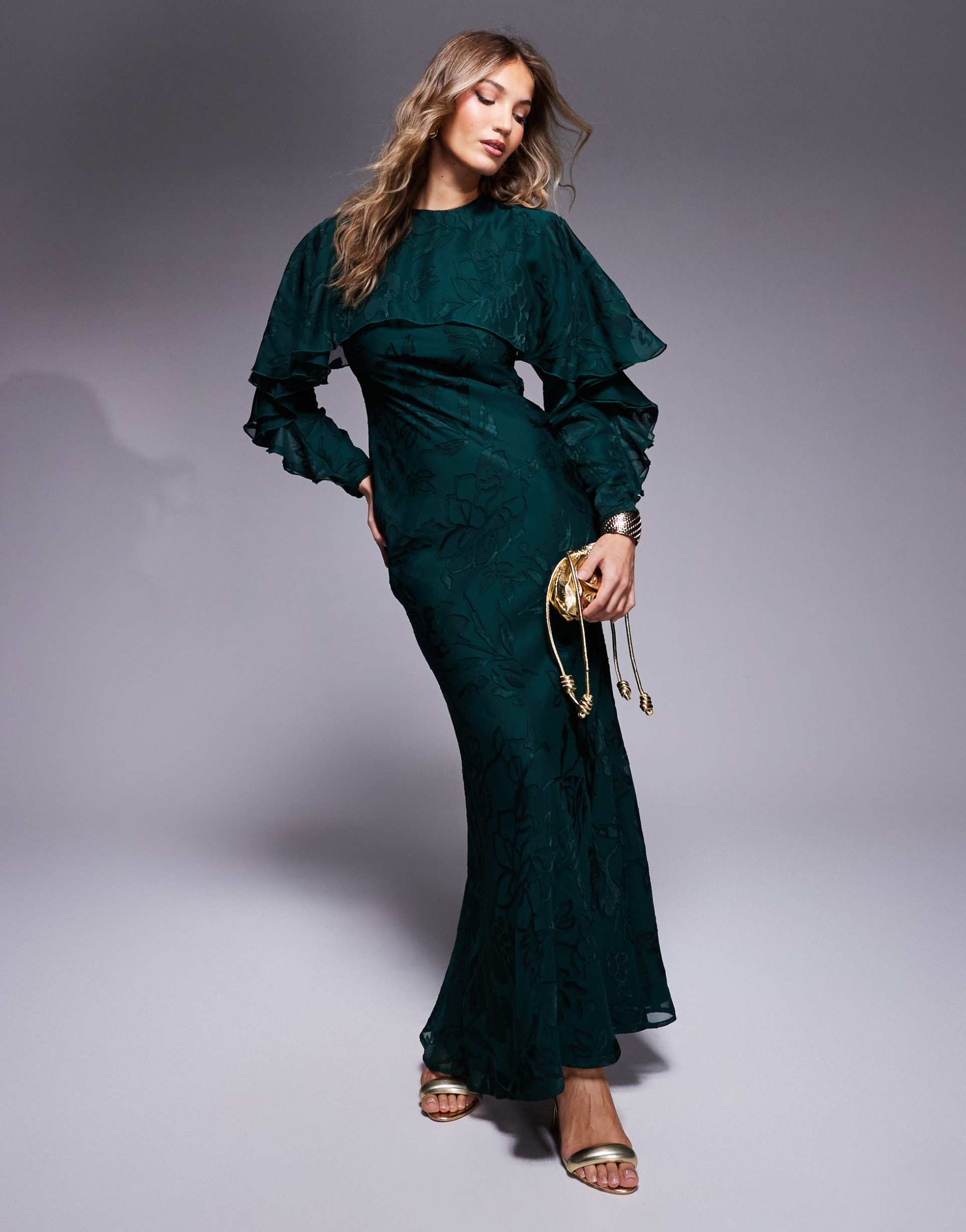 asos design long sleeve ruffle bias maxi dress with cape detail in floral jacquard in jewel green