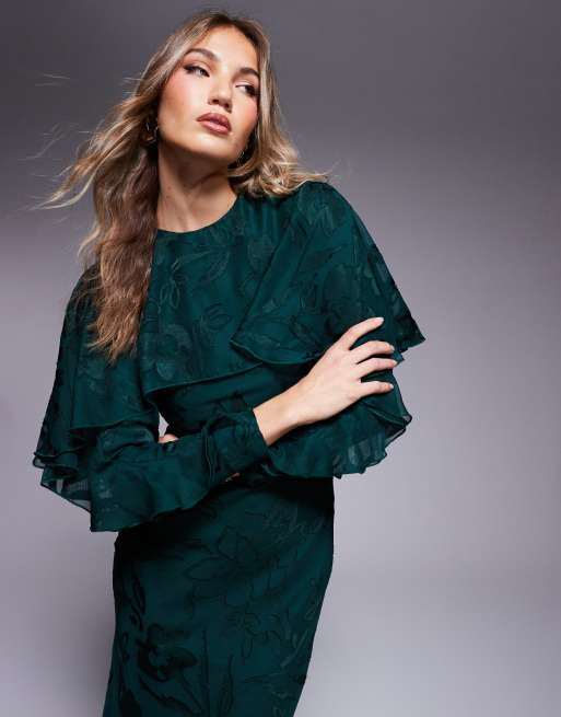 ASOS DESIGN long sleeve ruffle bias maxi dress with cape detail in floral jacquard in jewel green