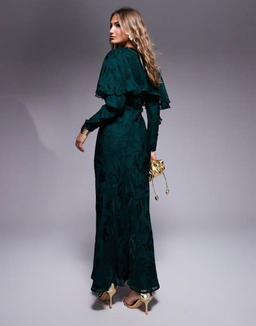 ASOS DESIGN long sleeve ruffle bias maxi dress with cape detail in floral jacquard in jewel green