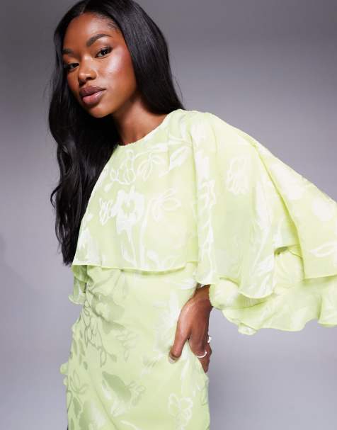 ASOS DESIGN long sleeve ruffle bias maxi dress with cape detail in floral jacquard in soft lime - view 2