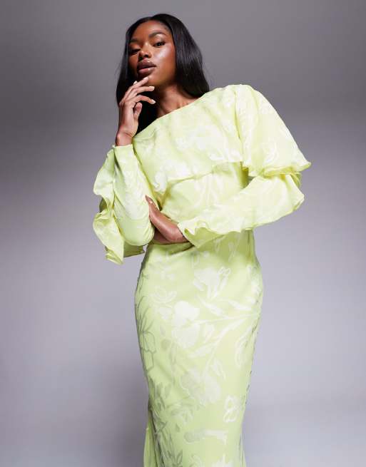 ASOS Design  Long Sleeve Ruffle Maxi Dress  Women  Polyester/Viscose - 8 UK - Lime