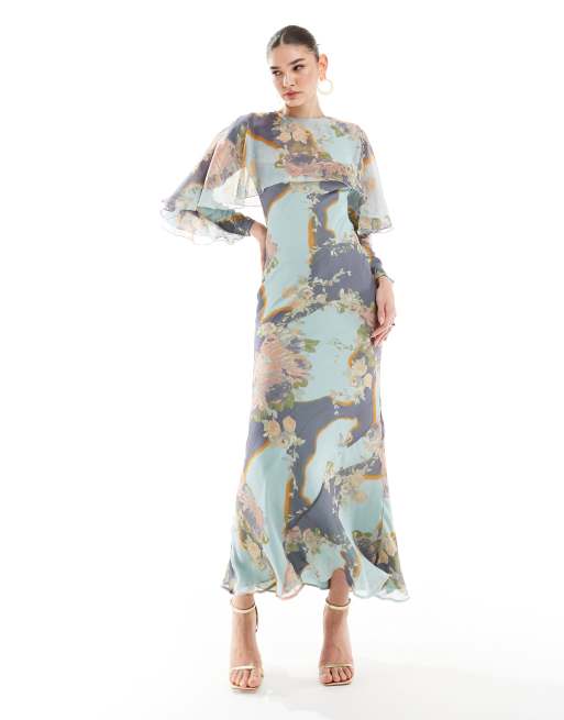 ASOS DESIGN long sleeve ruffle bias maxi dress with cape detail in floral print