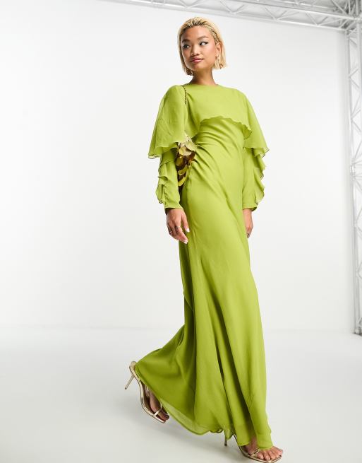 ASOS DESIGN Long sleeve ruffle bias maxi dress with cape detail in olive  green