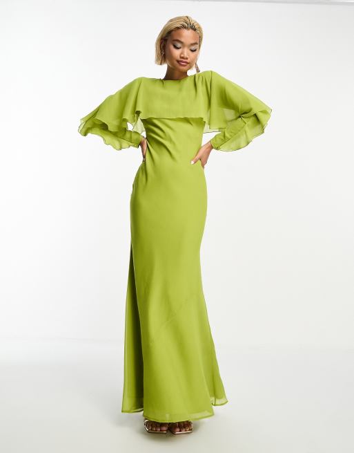 ASOS DESIGN Long sleeve ruffle bias maxi dress with cape detail in olive green ASOS