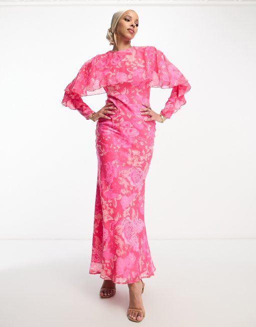 ASOS DESIGN long sleeve ruffle bias maxi dress with cape detail in pink rose floral print