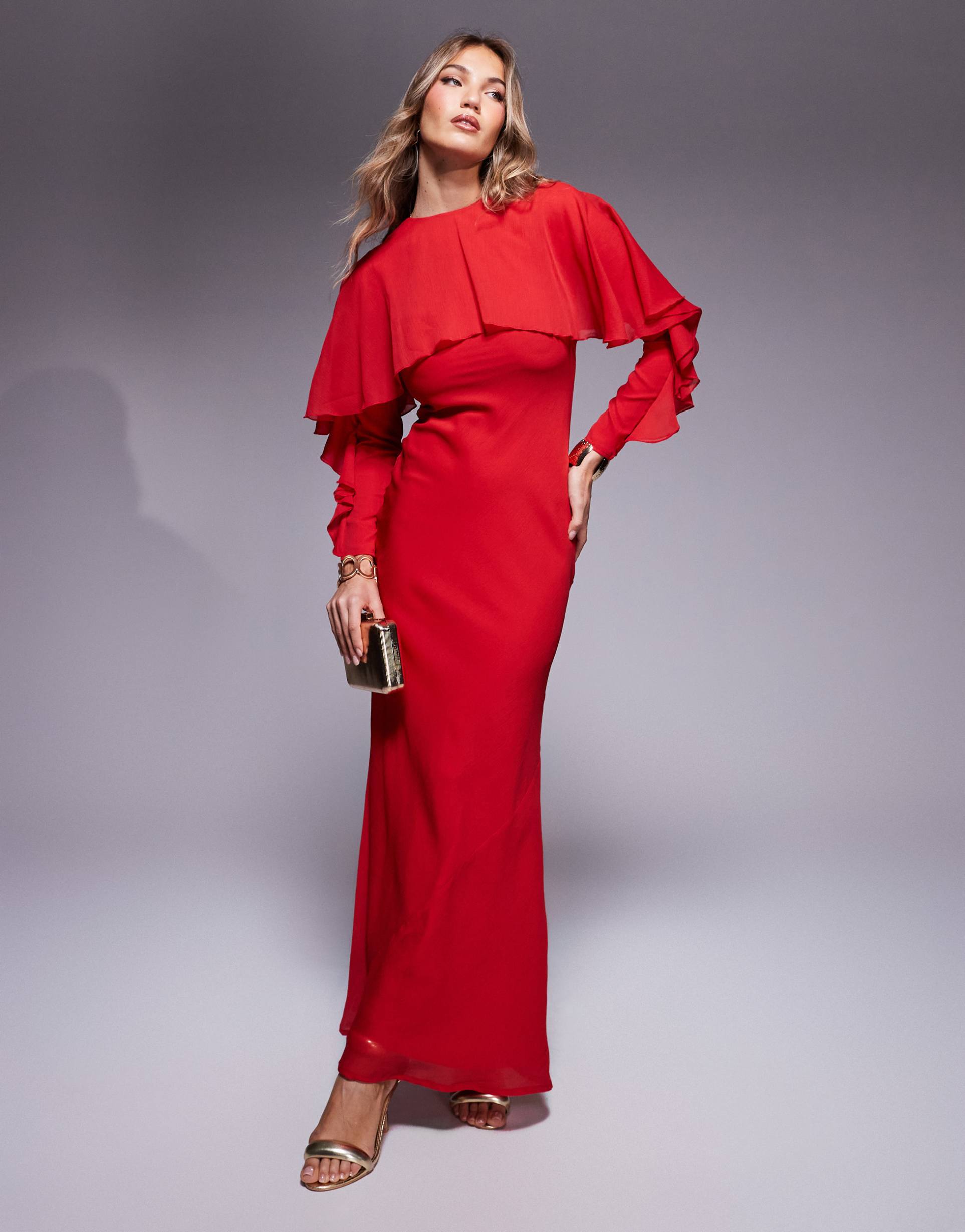 asos design long sleeve ruffle bias maxi dress with cape detail in red