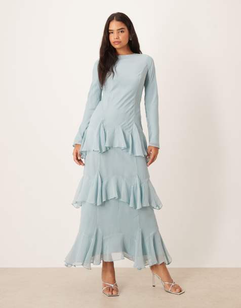 ASOS DESIGN long sleeve ruffle chiffon maxi dress in dusky blue - view 1