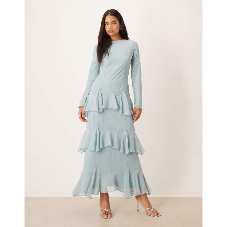 asos design long sleeve bias chiffon maxi dress with ruffles ASOS Asos Design Tall Long Sleeve Tucked Waist Bias Maxi Dress in Purple