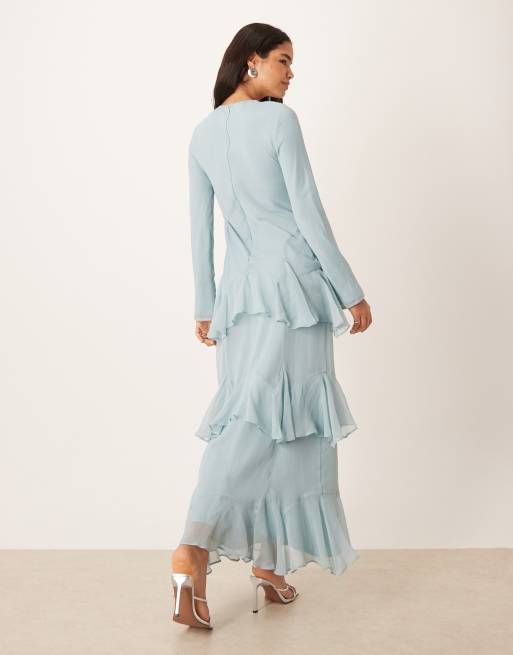 ASOS DESIGN long sleeve ruffle chiffon maxi dress in dusky blue, 3 of 4