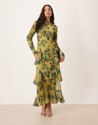 ASOS DESIGN long sleeve ruffle chiffon maxi dress in green floral