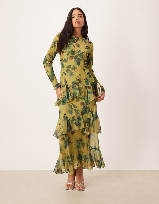 asos green dress DESIGN high neck ruched belt detail maxi in dark back fastening ASOS Design - Maxi Dress