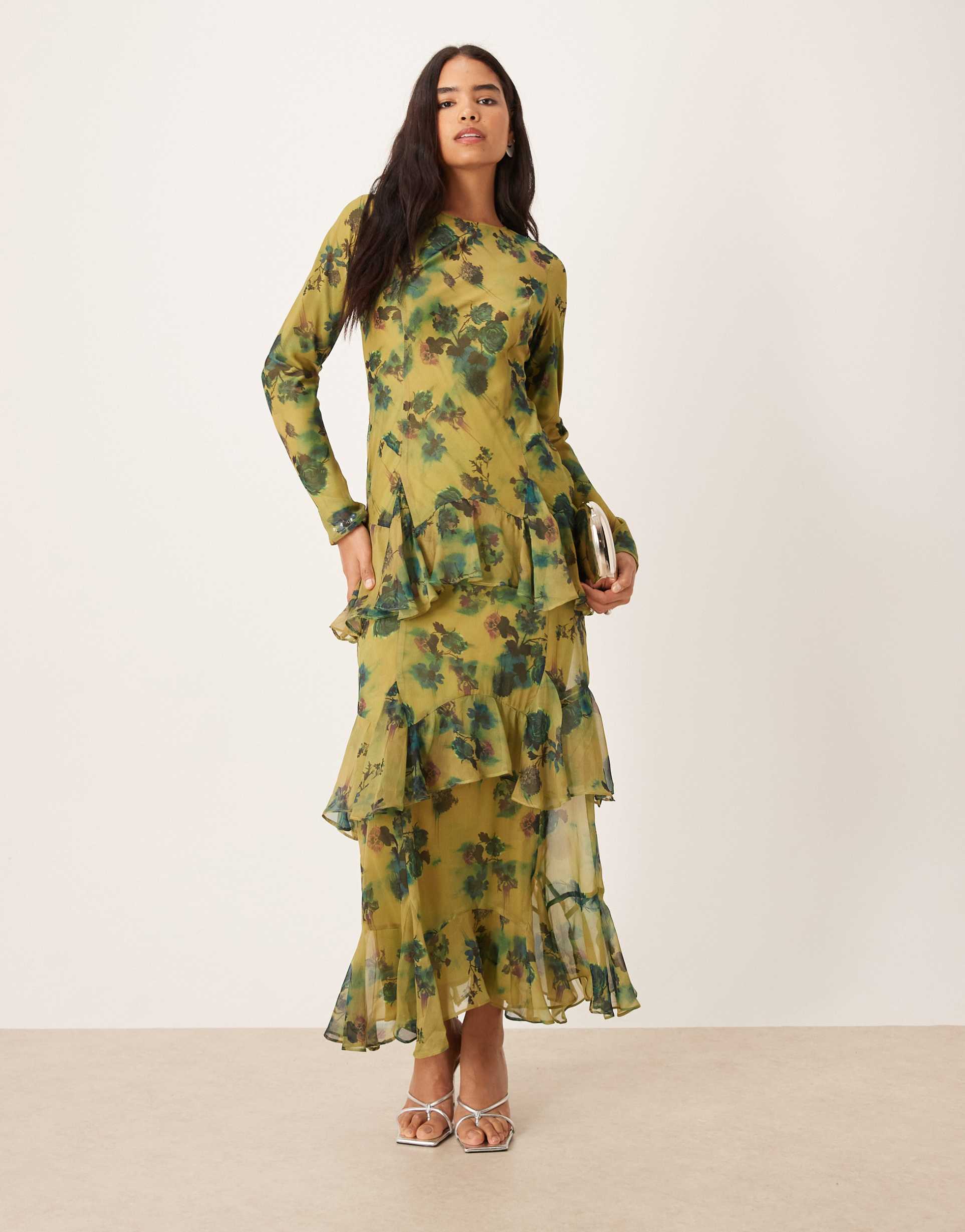 asos design long sleeve ruffle chiffon maxi dress in green floral