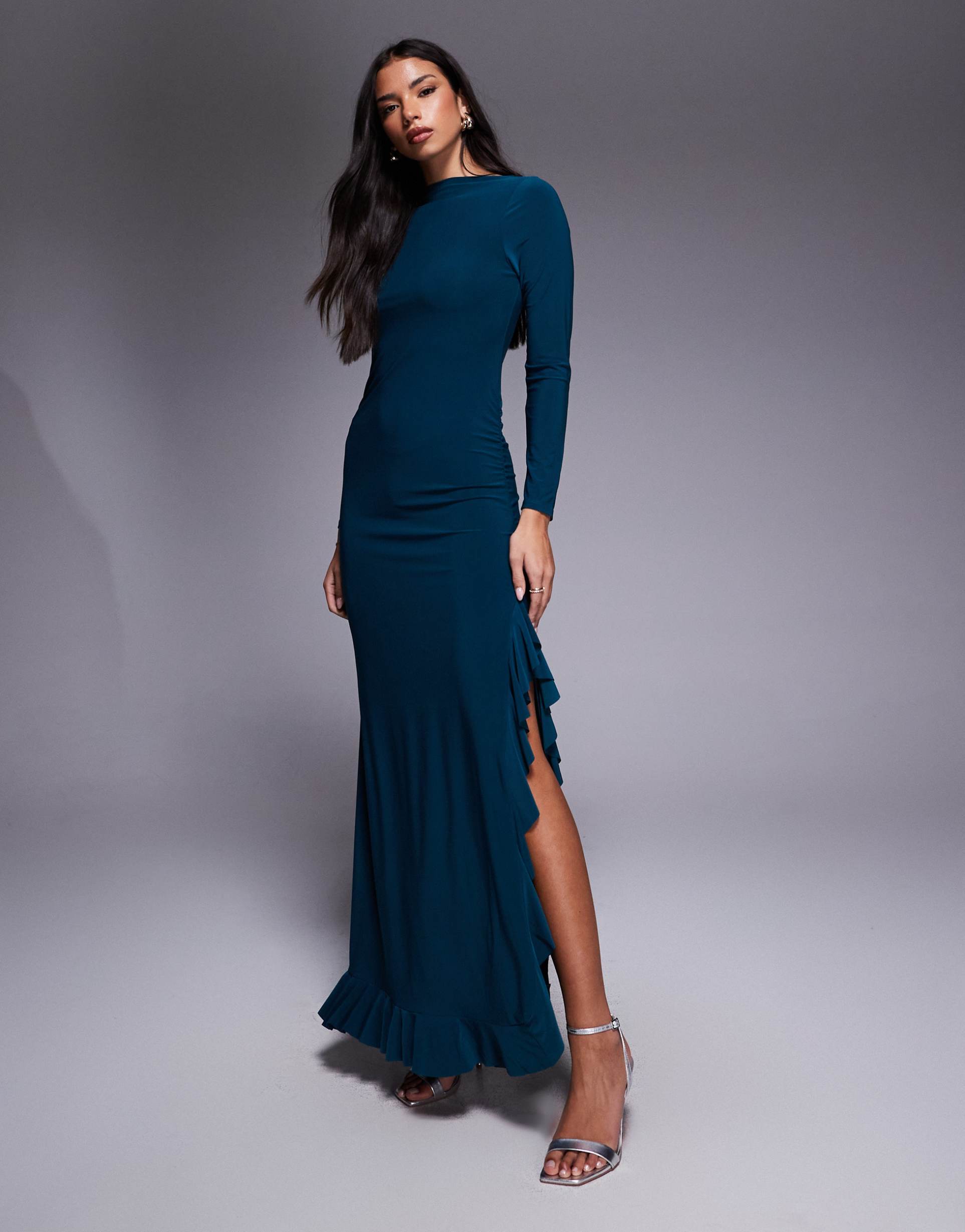 asos design long sleeve ruffle detail a-line maxi dress in