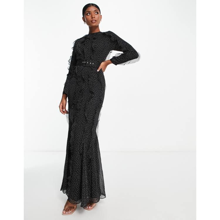 ASOS DESIGN long sleeve ruffle detail maxi dress in black based mono spot