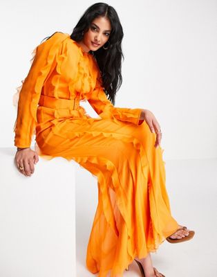 ASOS DESIGN long sleeve ruffle detail maxi dress in bright orange chiffon