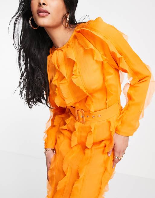 ASOS DESIGN long sleeve ruffle detail maxi dress in bright orange chiffon