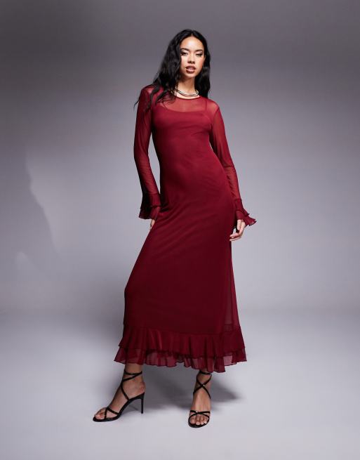 ASOS DESIGN long sleeve ruffle detail mesh maxi dress in burgundy