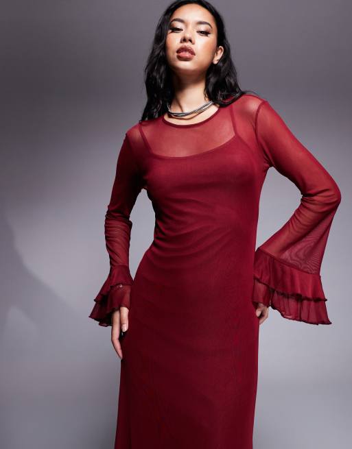 asos burgundy ruffle dress ASOS DESIGN ruffle corset detail tiered maxi dress with hi low hem in  burgundy