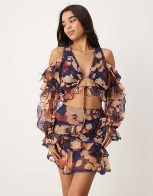 ASOS DESIGN long sleeve ruffle detail top in midnight floral - part of a set-Multi