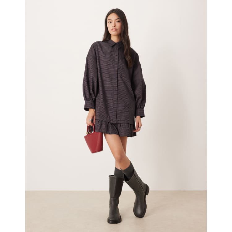 long sleeve ruffle hem mini dress Long Sleeve Pleated Front Ruffle Hem Mini Dress