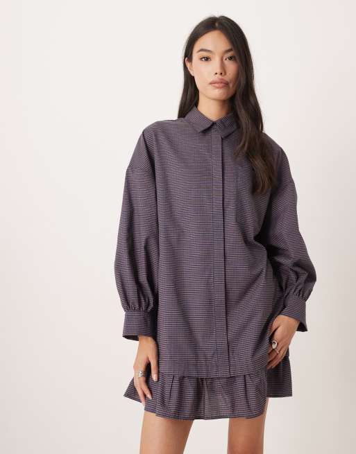ASOS DESIGN long sleeve ruffle hem mini shirt dress in chocolate and navy check