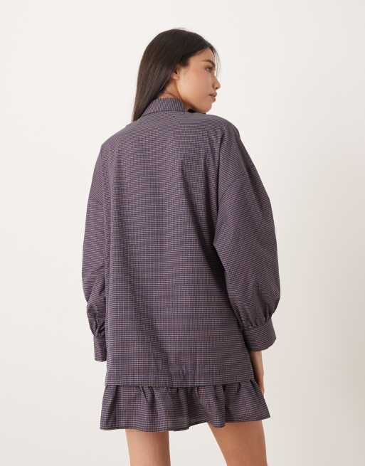 ASOS DESIGN long sleeve ruffle hem mini shirt dress in chocolate and navy check