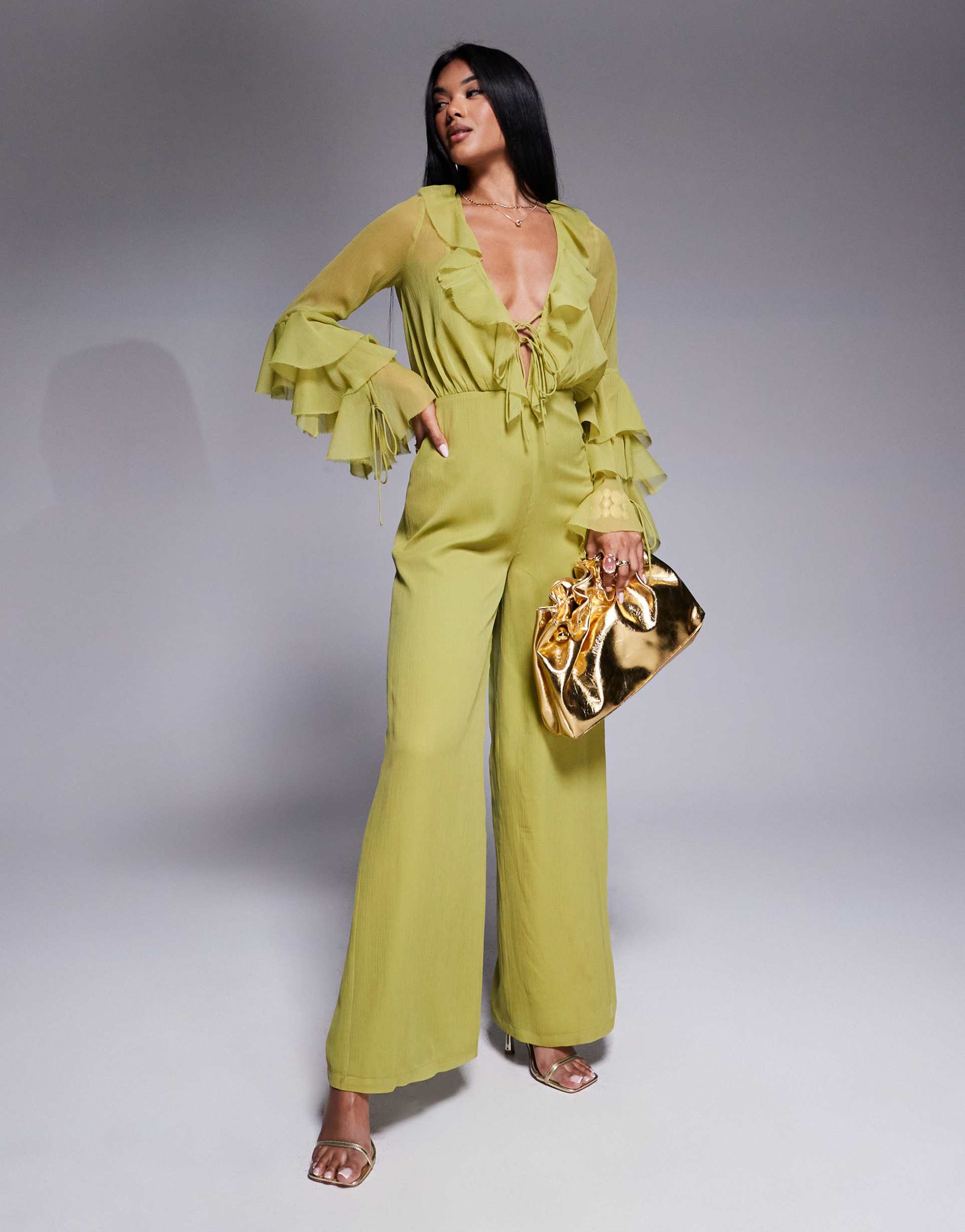 asos design long sleeve ruffle jumpsuit with tie detail in olive green