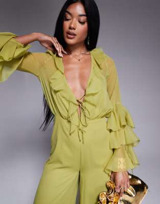 Asos Design Long Sleeve Ruffle Jumpsuit With Tie Detail In Green