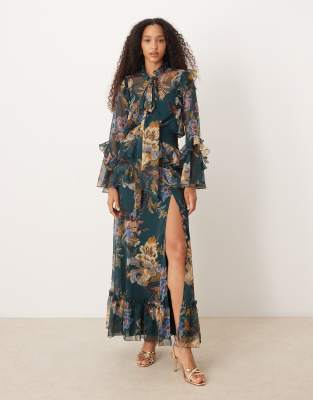 Asos Design Long Sleeve Ruffle Maxi Dress In Blue