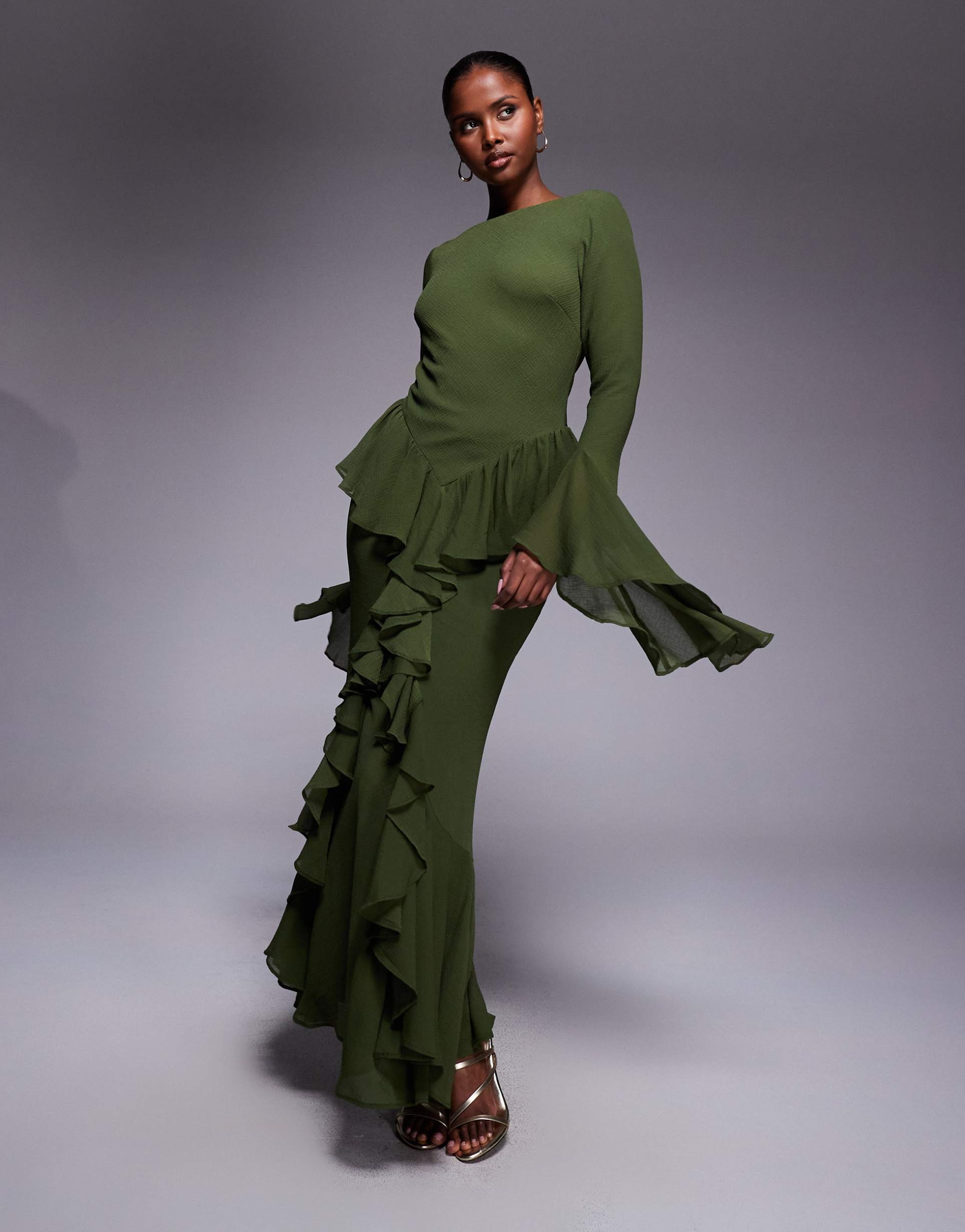 asos design long sleeve ruffle maxi dress in forest green