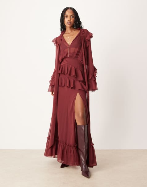ASOS DESIGN long sleeve ruffle maxi dress in plain burgundy - view 1