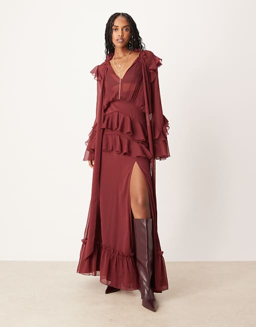 burgundy ruffle dress Strapless Layered with Floral Appliqu Floral WonderlandByLilian forgiving in the waist Garment specs for size SM (Bust ASOS DESIGN long sleeve ruffle