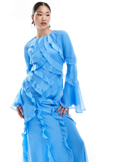 ASOS DESIGN long sleeve ruffle maxi dress in satin and chiffon mix in blue