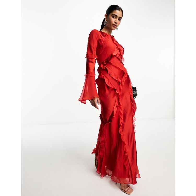 Aidyl Satin Ruffle Maxi Dress in Red