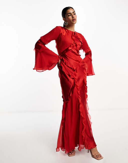 ASOS DESIGN long sleeve ruffle maxi dress in satin and chiffon mix in red