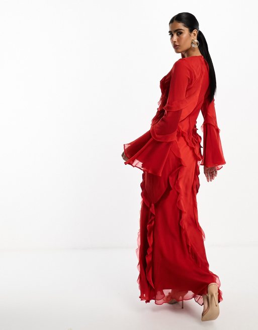 ASOS DESIGN long sleeve ruffle maxi dress in satin and chiffon mix in red, 4 of 4