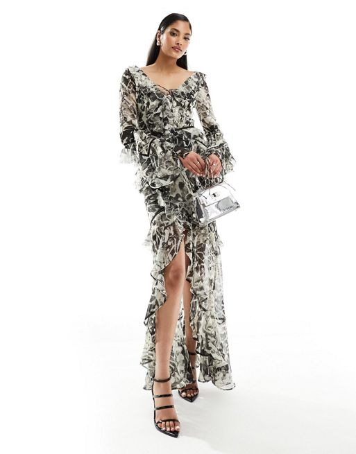 FhyzicsShops DESIGN long sleeve ruffle maxi dress with lace inserts in mono floral print