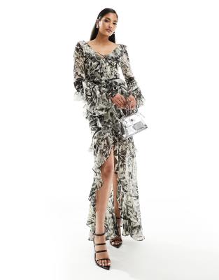 Shop ASOS DESIGN long sleeve ruffle maxi dress with lace inserts in Online – Trendy & Affordable Fashion