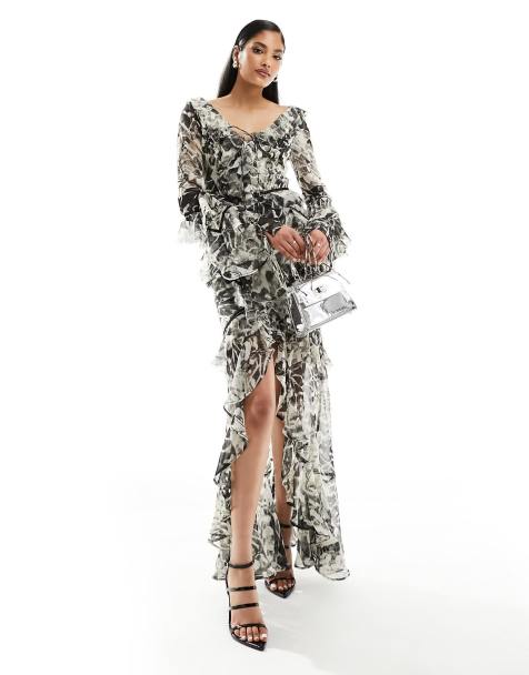 ASOS DESIGN long sleeve ruffle maxi dress with lace inserts in mono floral print