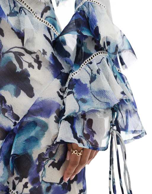 ASOS DESIGN long sleeve ruffle maxi dress with lace inserts in rose floral print, 2 of 4
