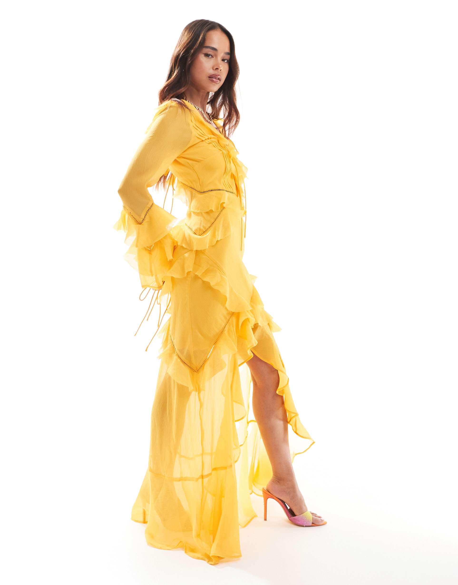 asos design long sleeve ruffle maxi dress with lace inserts in yellow