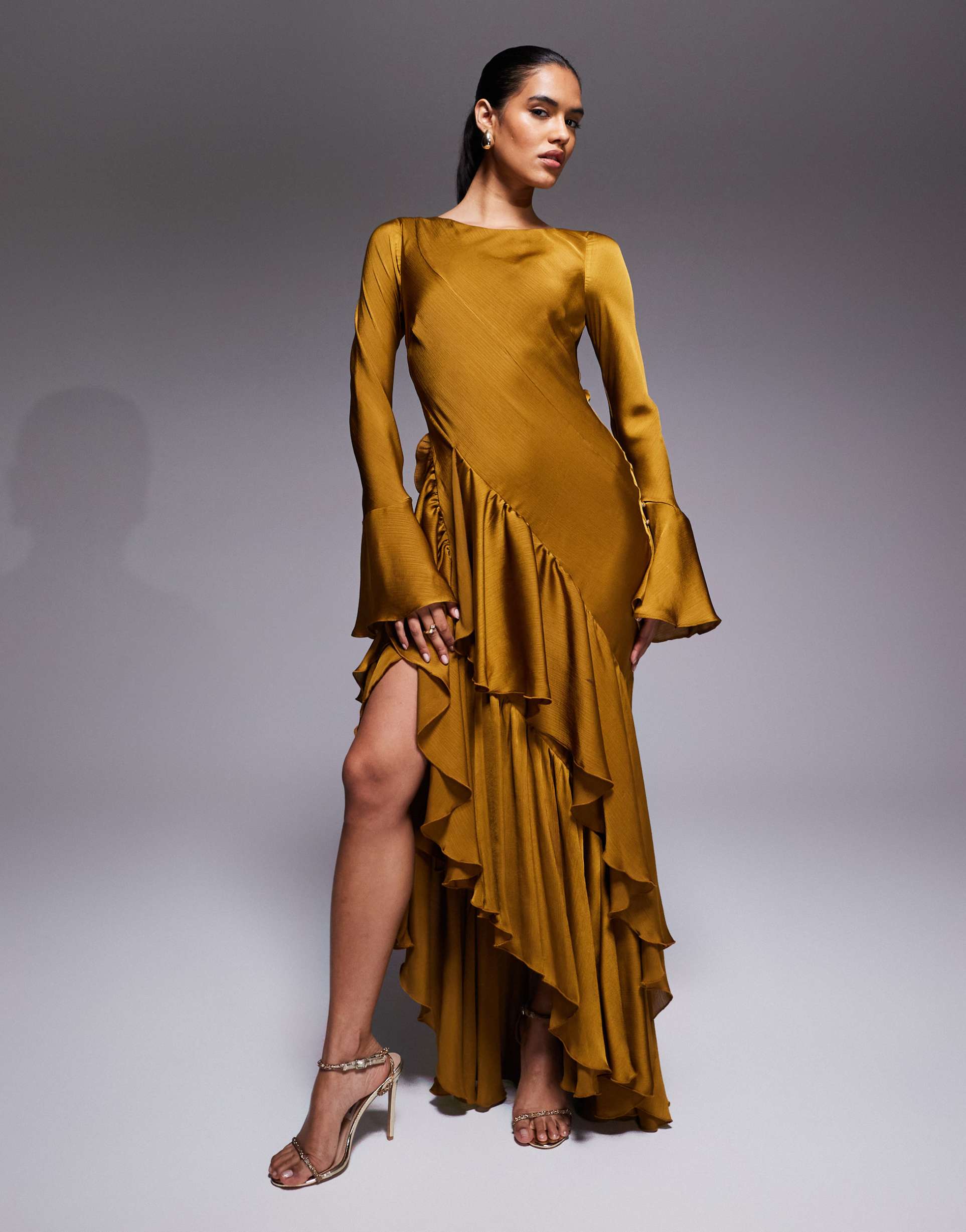 asos design long sleeve ruffle maxi dress with open back in mustard